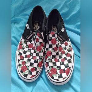VANS Asher Canvas Slide Skateboard Shoes Checkered w/ Roses Womens 9.5
